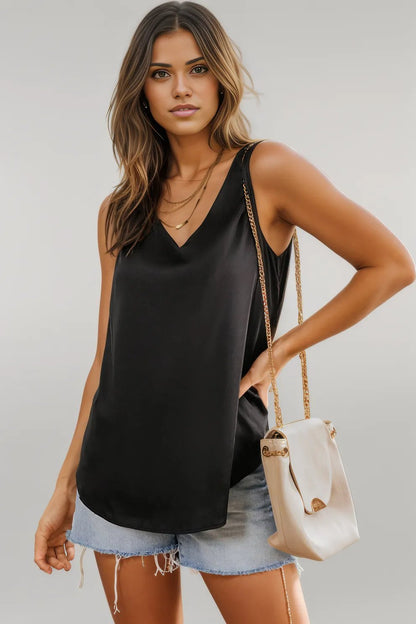 Black Deep V Neck Loose Tank Top Black 100%Polyester