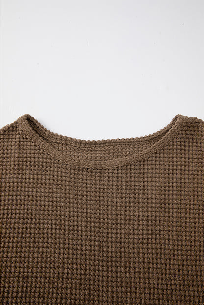 Khaki Waffle Knit Drop Shoulder Long Sleeve Top