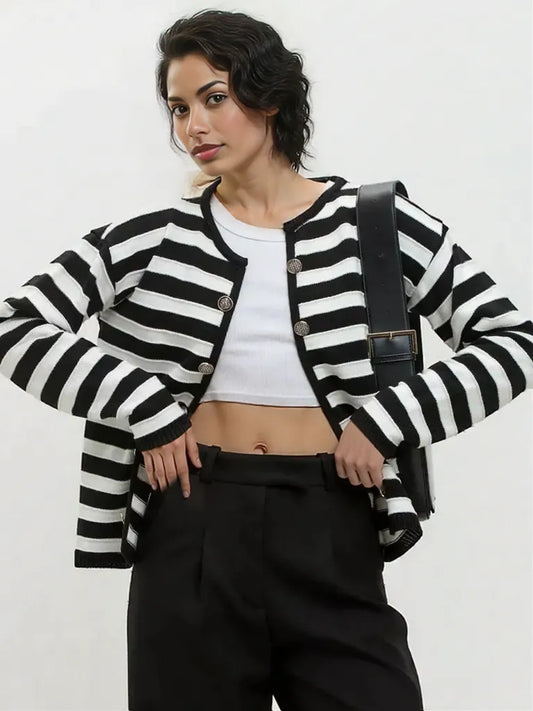 Striped Dropped Shoulder Long Sleeve Cardigan Black
