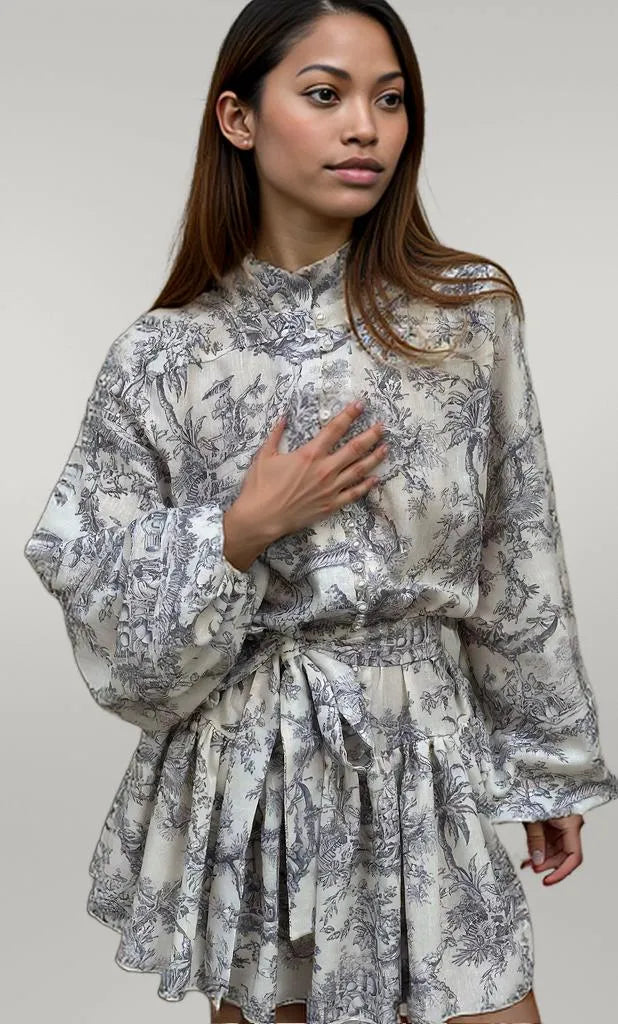 Printed Balloon Sleeve Tie Waist Dress
