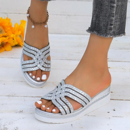 Rhinestone Open Toe Wedge Sandals Silver