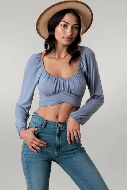 Square Neck Back Tie Puff Long Sleeve Crop Top L