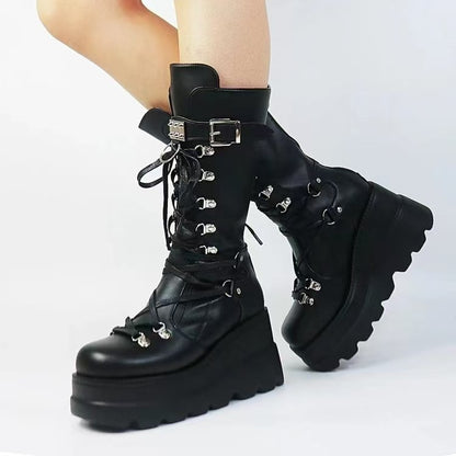 PU Leather Lace Up Wedge Boots Black