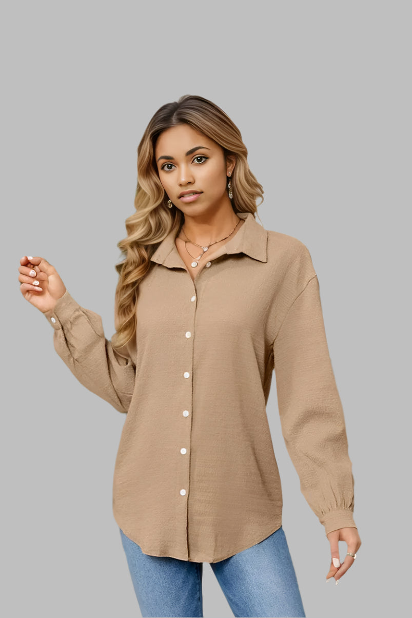 Collared Neck Buttoned Long Sleeve Shirt Camel