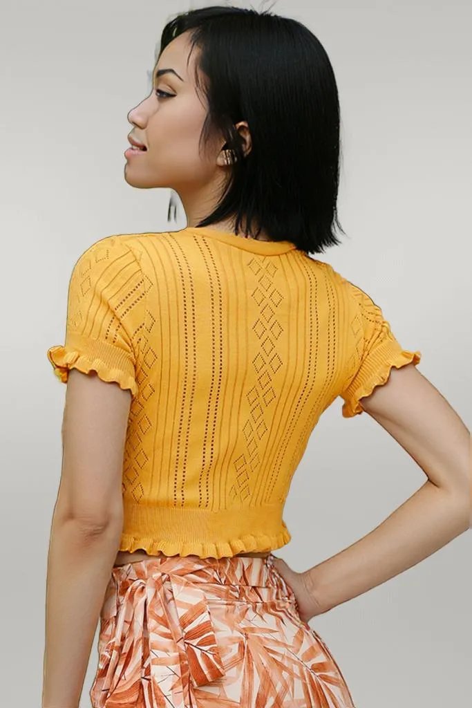 Buttoned Frill Hem Cropped Knit Top
