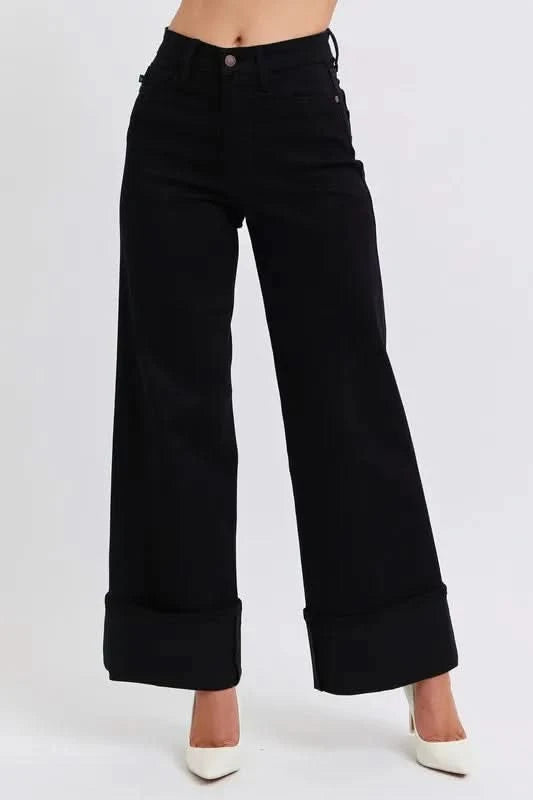 Judy Blue Full Size High Waist Reto Wide Leg W/ Cuff BK