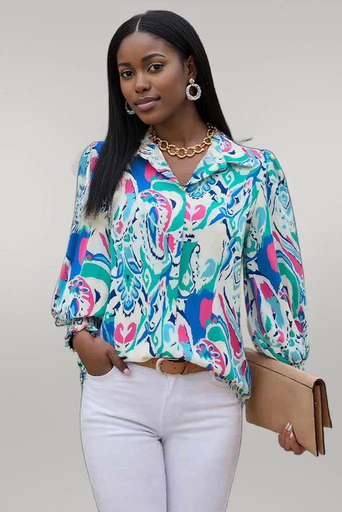 Printed Puff Sleeve Collared Blouse Pastel Blue