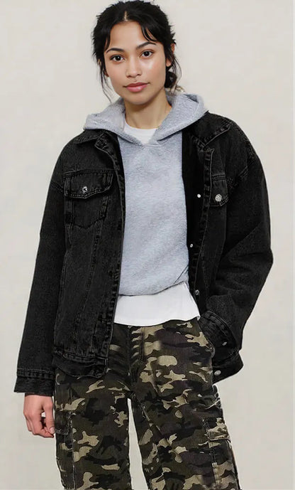 Button Up Collared Neck Long Sleeve Denim Jacket