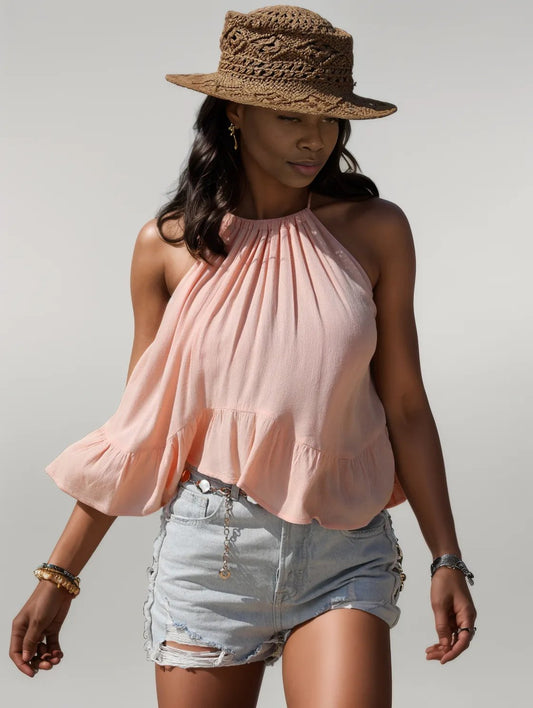 Ruched Peplum Round Neck Tank Blush Pink