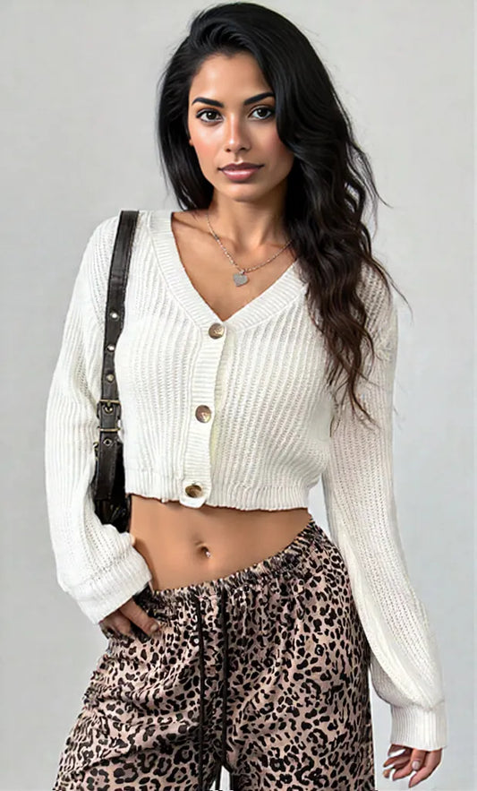 Button-Up Cropped Cardigan White