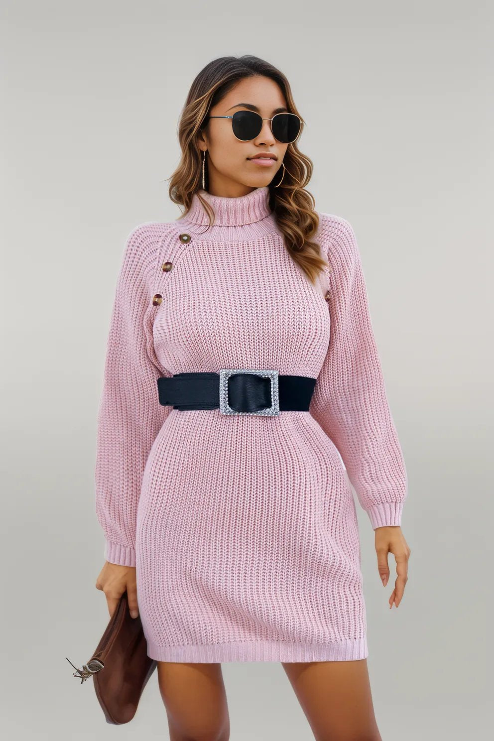 Buttoned Turtleneck Long Sleeve Sweater Dress