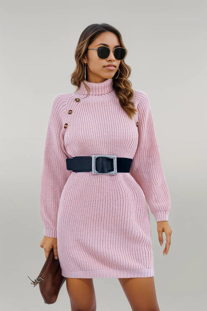 Buttoned Turtleneck Long Sleeve Sweater Dress