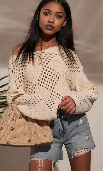 Openwork Boat Neck Long Sleeve Sweater