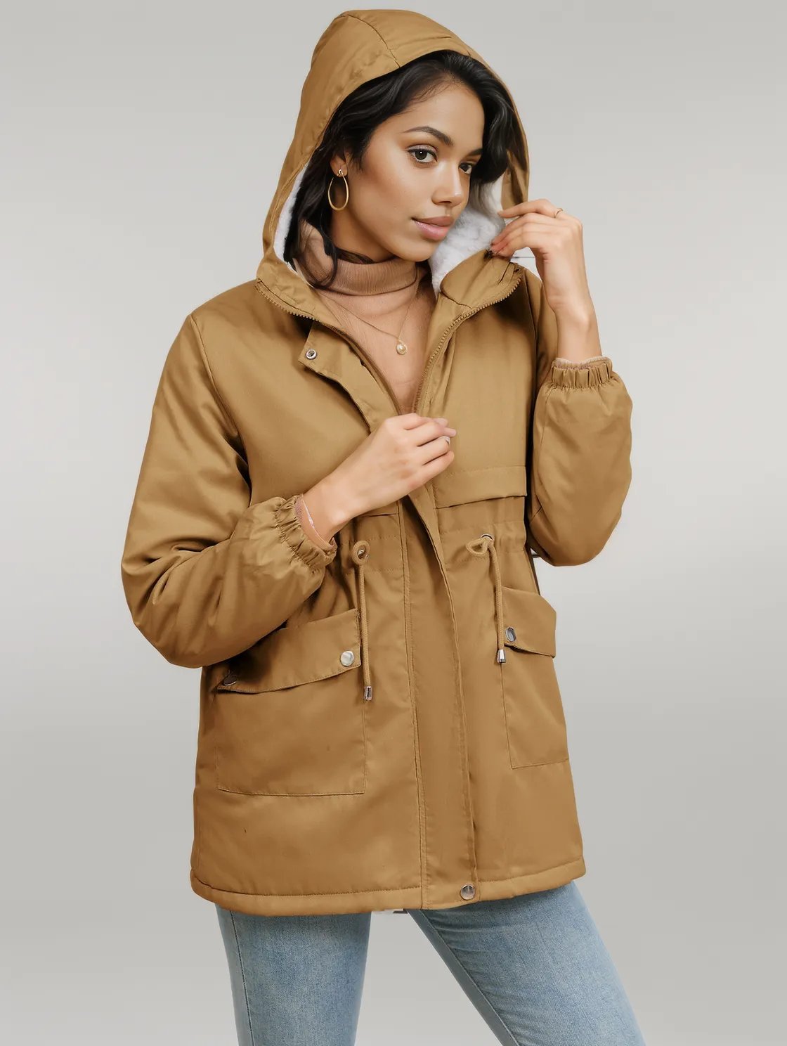 Drawstring Long Sleeve Hooded Jacket