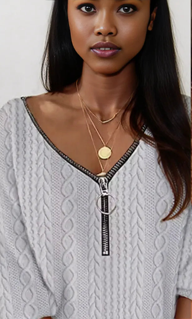 Zip Detail Textured Knit Mini Sweater Light Gray