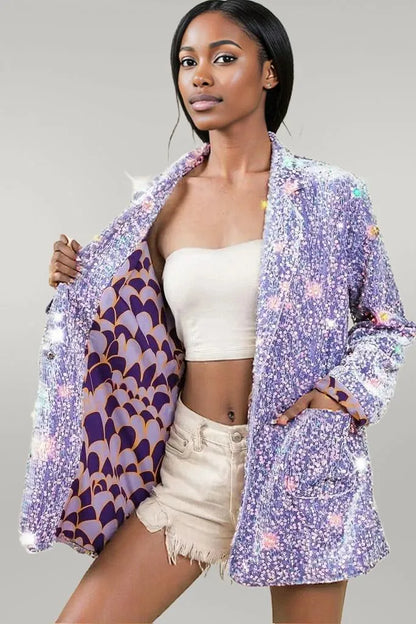 BiBi Velvet Sequins Patch Pockets Single Blazer