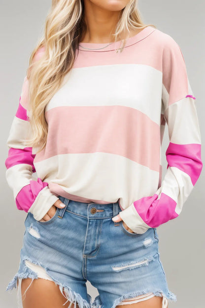 Light Blue Colorblock Striped Drop Shoulder Long Sleeve Top Light Pink 95%Polyester+5%Elastane