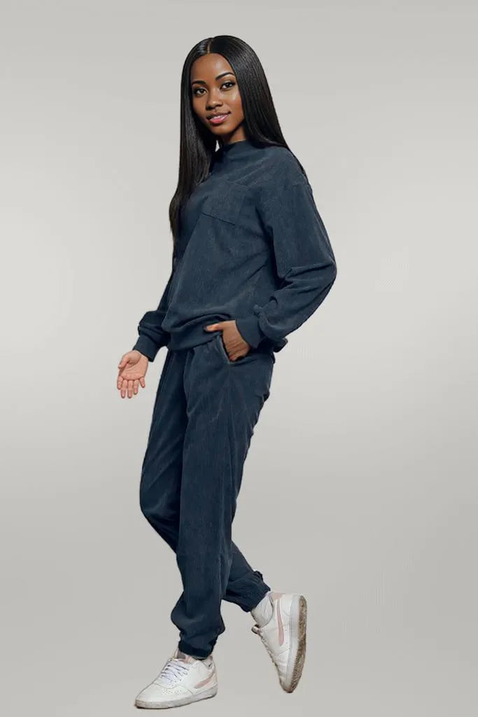 Corduroy Round Neck Sweatshirt and Sweatpants Set