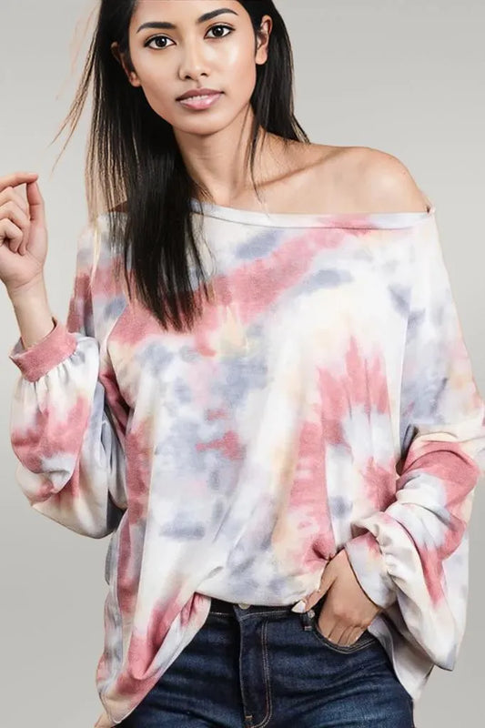 BiBi Tie Dye Print Terry Top With Puff Sleeves