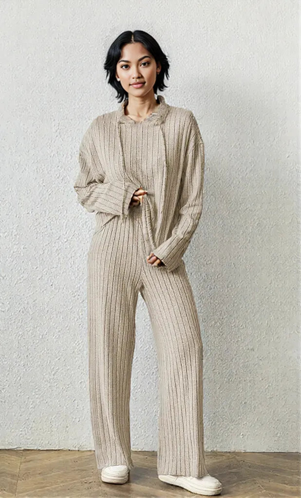 Ribbed Drawstring Hoodie and Pants Set