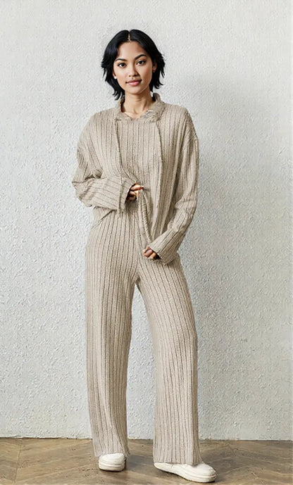 Ribbed Drawstring Hoodie and Pants Set