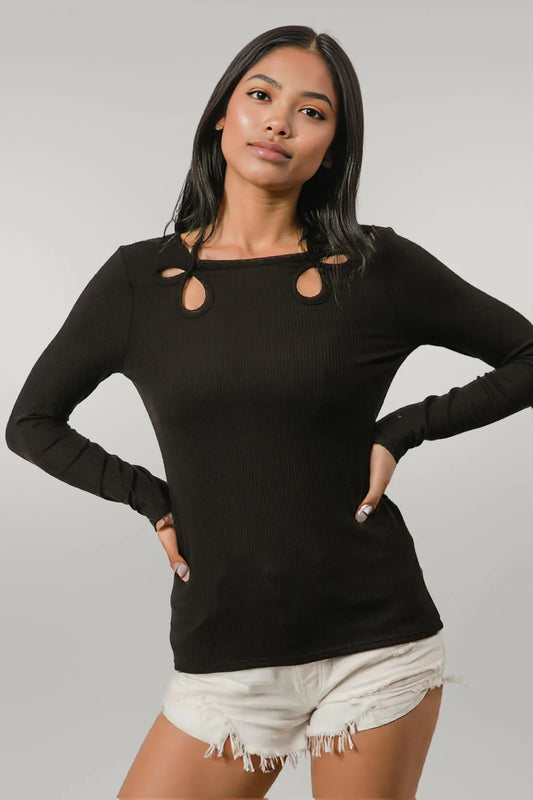 BiBi Rib Knit With Cut Out and Tied Neck Detailed Top BLACK