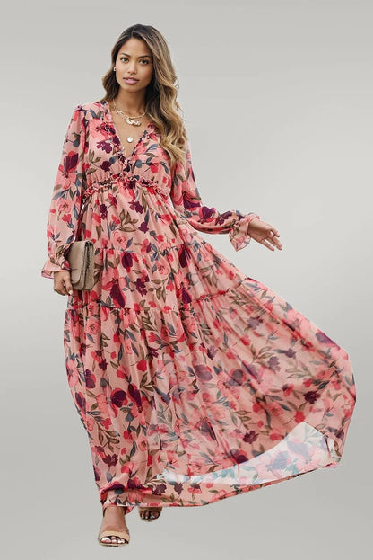 Floral Frill Trim Flounce Sleeve Plunge Maxi Dress