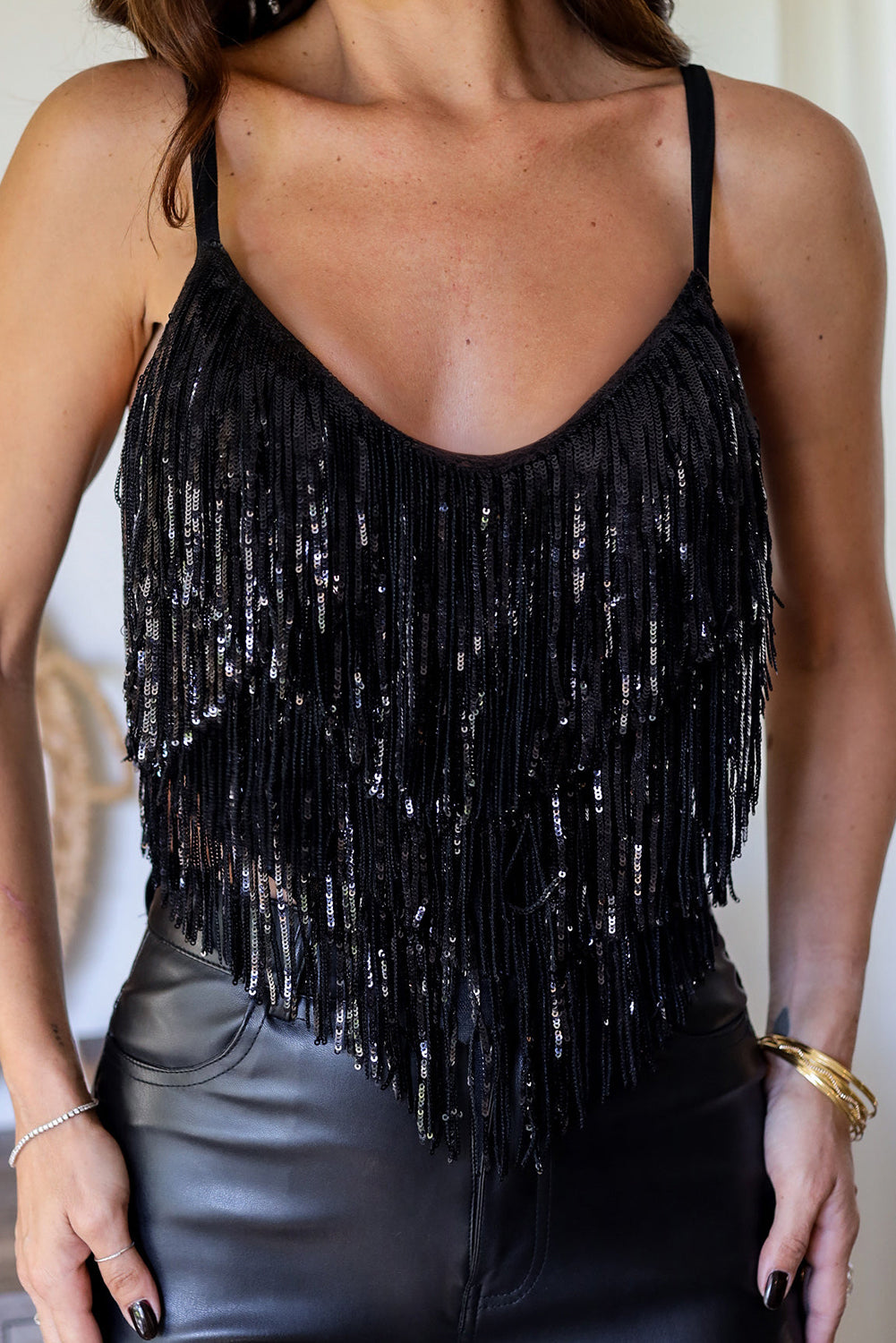 Black Sequin Tasseled Tank Crop Top Black 95%Polyester+5%Elastane