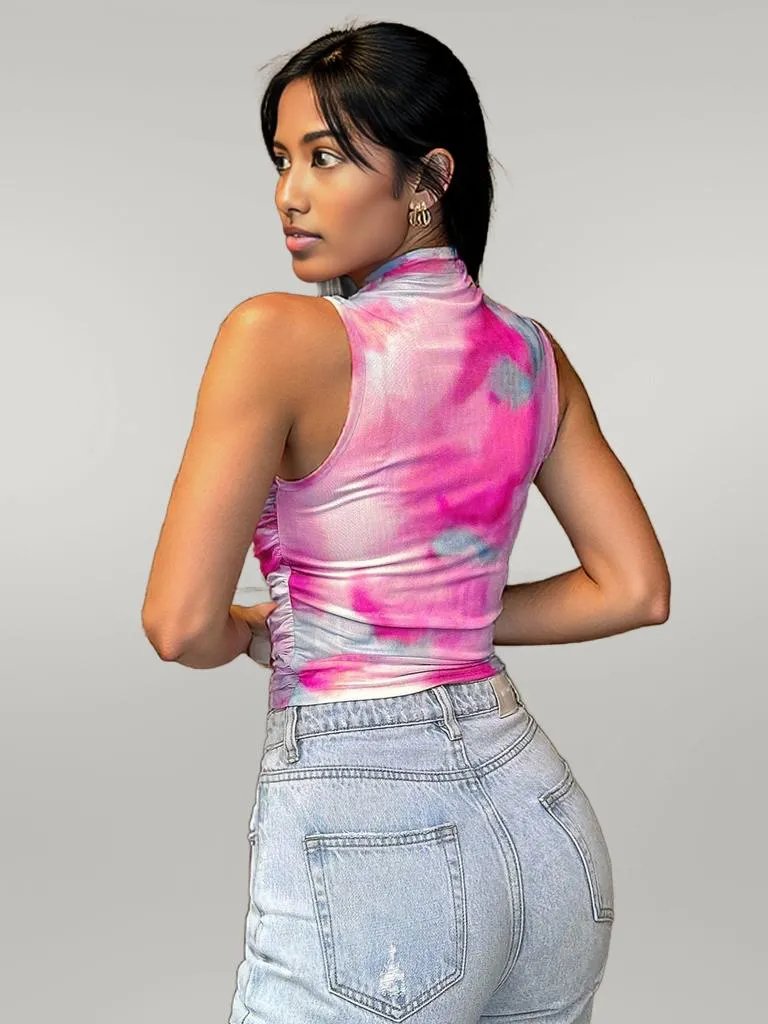 Printed Mock Neck Ruched Tank