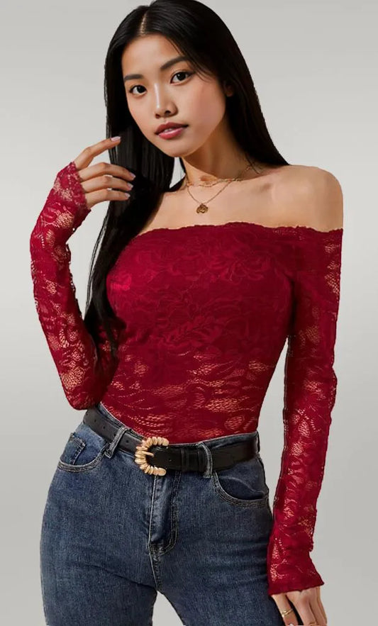 Off-Shoulder Long Sleeve Lace Top Scarlet