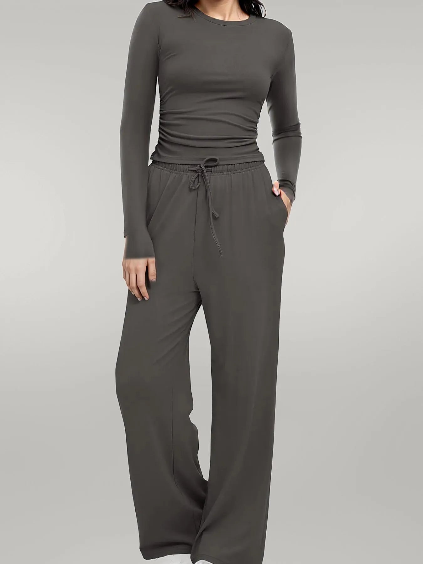 Round Neck Long Sleeve Top and Pants Set