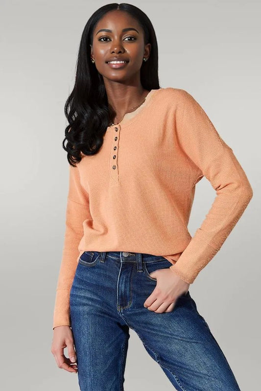 Basic Bae Half Button Long Sleeve Top Caramel