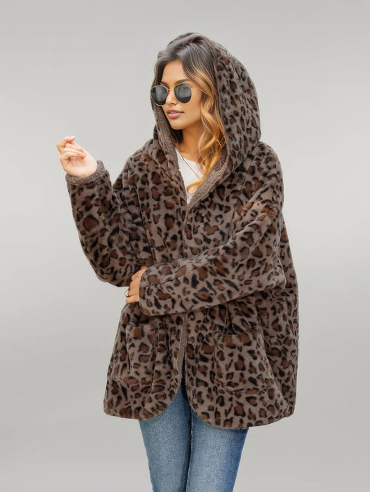 Leopard Hooded Coat with Pockets