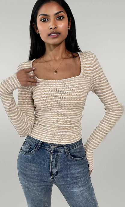 Striped Square Neck Long Sleeve T-Shirt