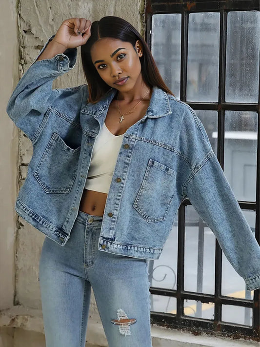 Button Down Drop Shoulder Denim Jacket Light