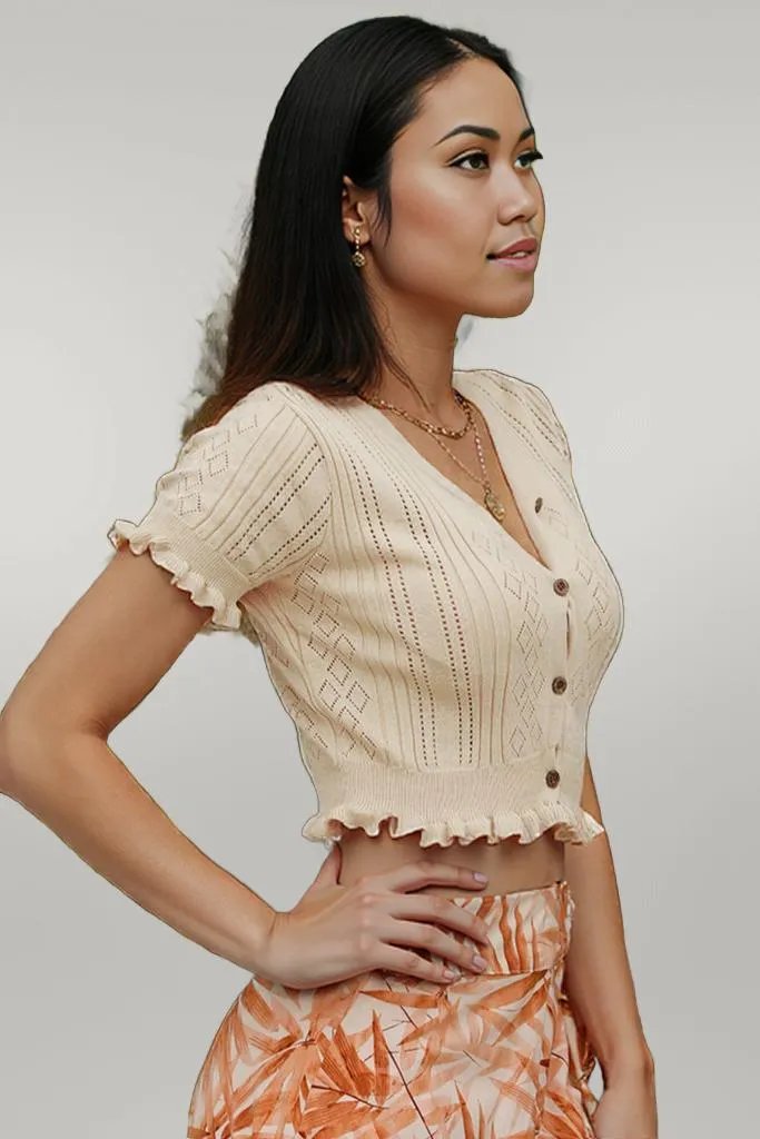Buttoned Frill Hem Cropped Knit Top