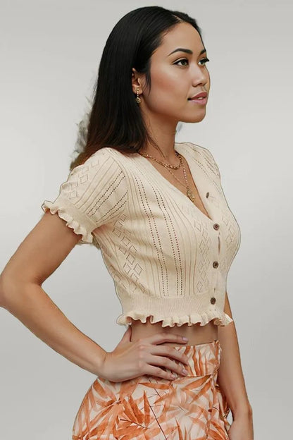 Buttoned Frill Hem Cropped Knit Top