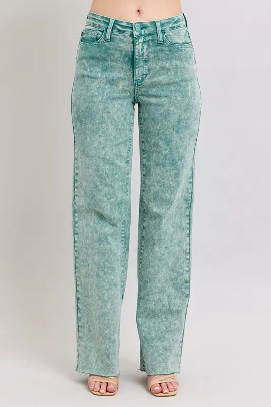 Judy Blue Full Size High Waist Garment Dyed Raw Hem Dad Jean SEA GREEN
