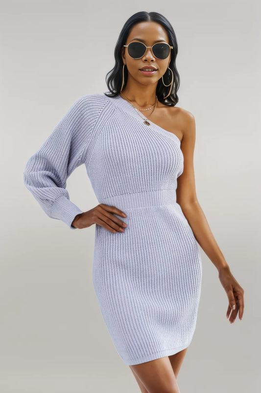 One Shoulder Raglan Sleeve Pencil Sweater Dress Lavender