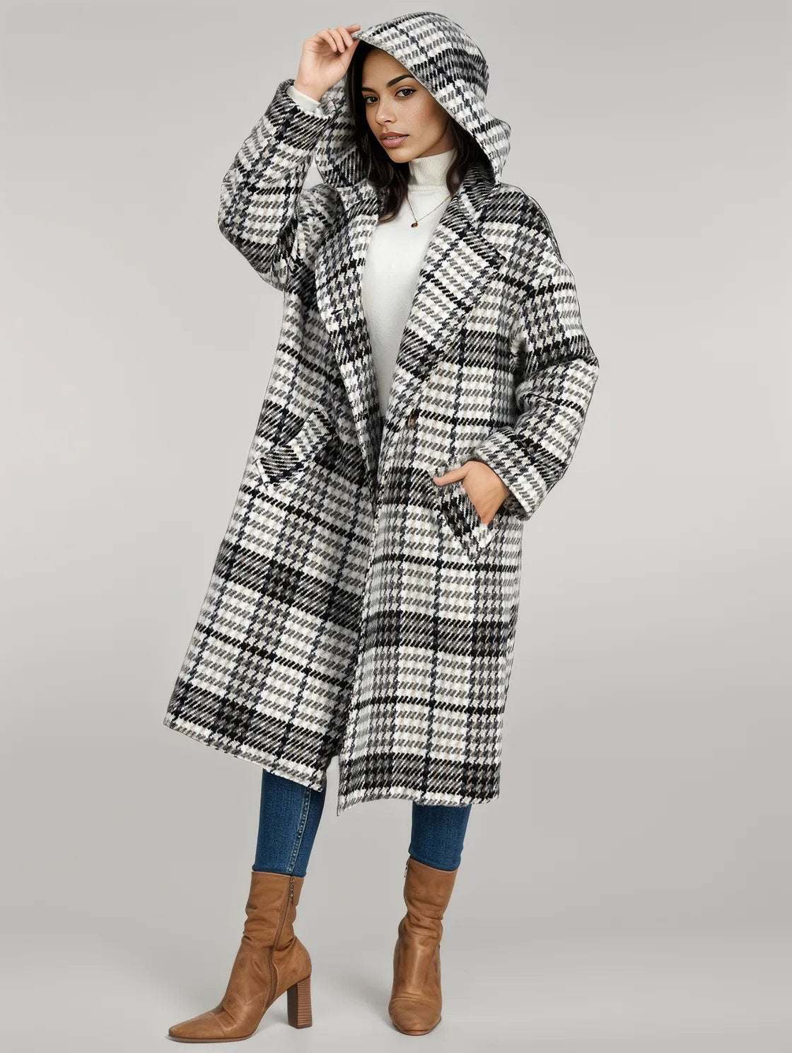 Plaid Double - Breasted Long Sleeve Longline Coat - coat - Trendsi