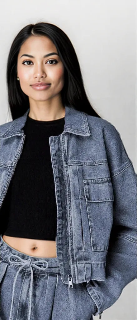 Zip Up Cropped Cargo Denim Jacket