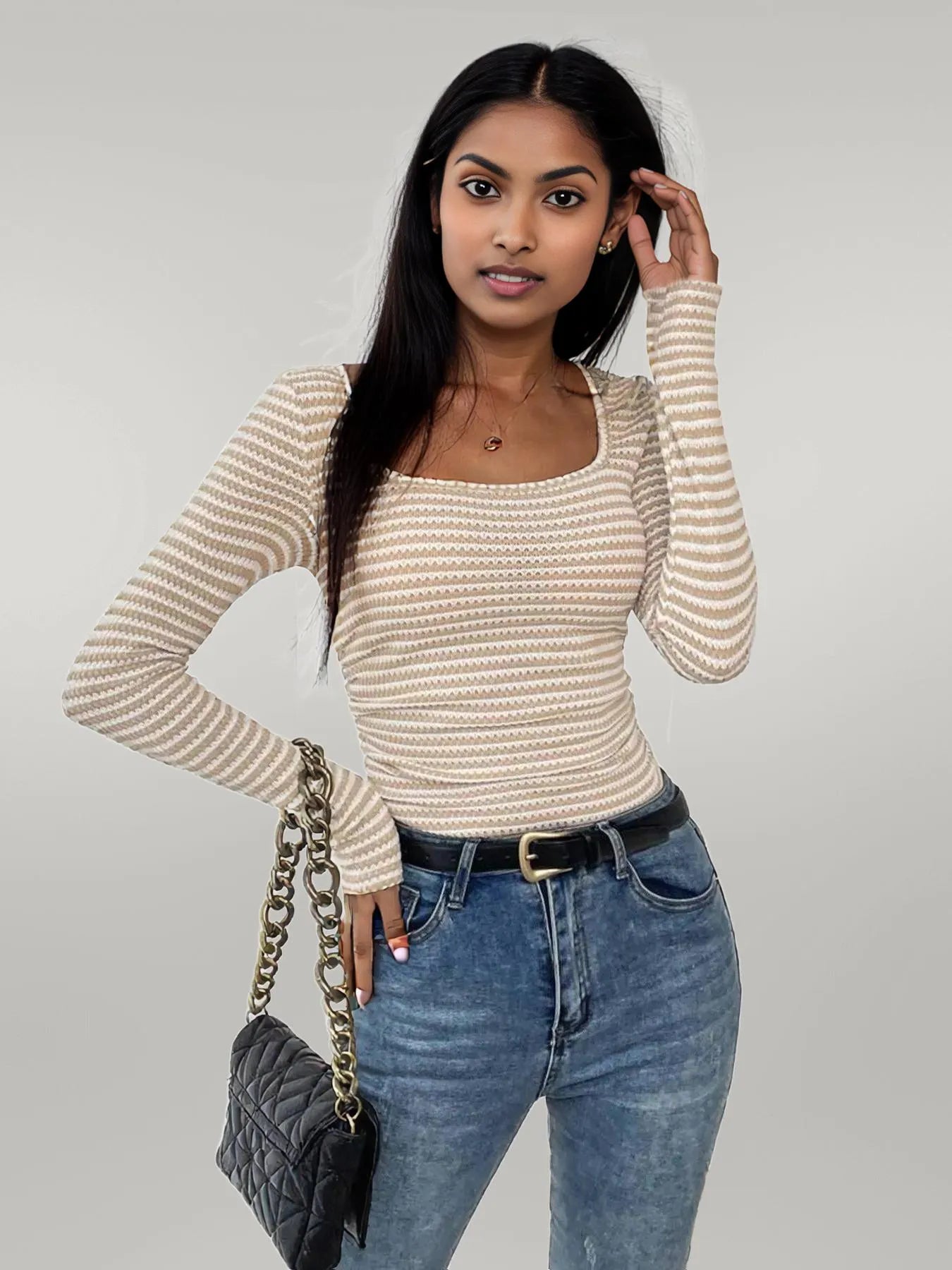 Striped Square Neck Long Sleeve T-Shirt