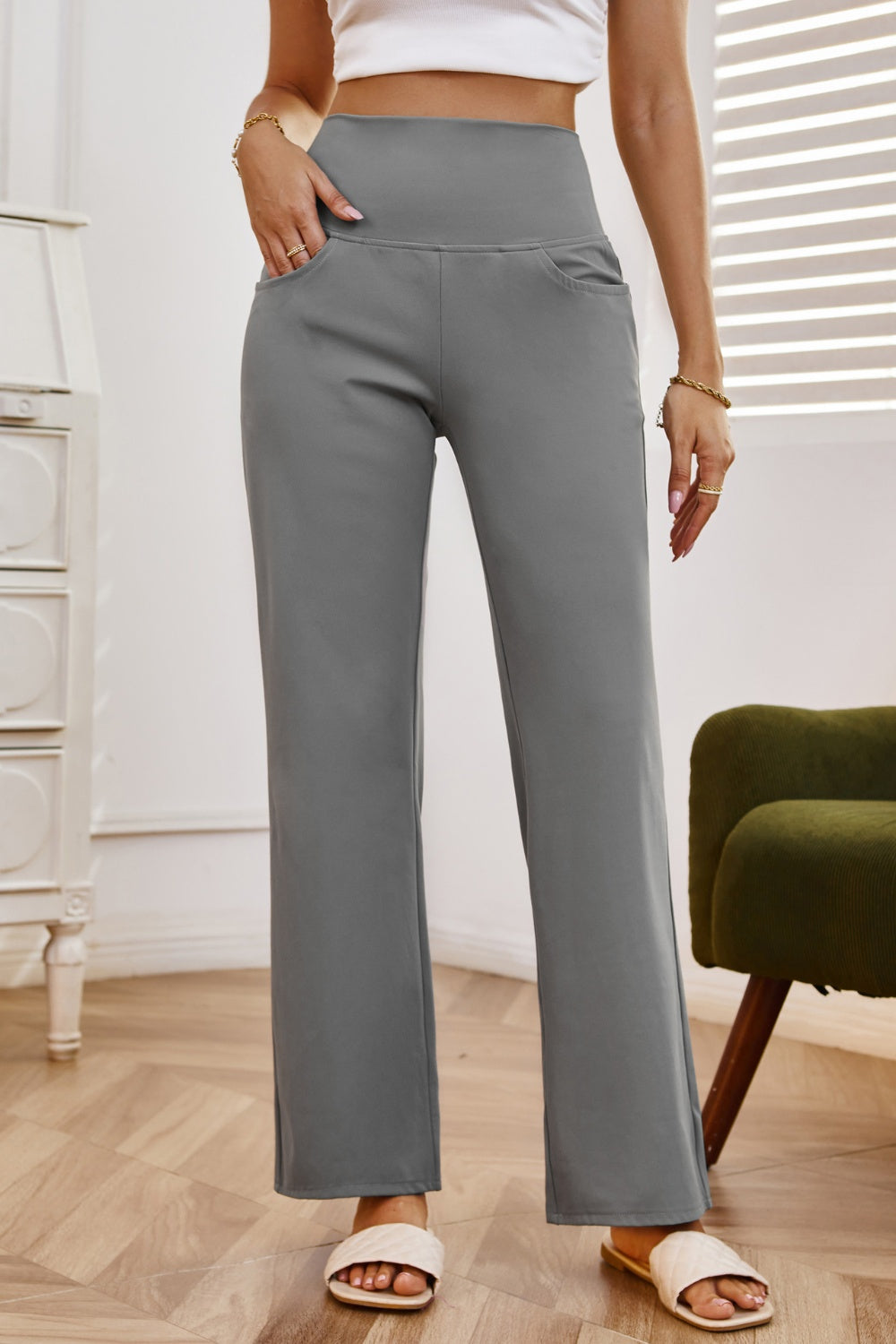 High Waist Wide Leg Pants with Pockets Gray