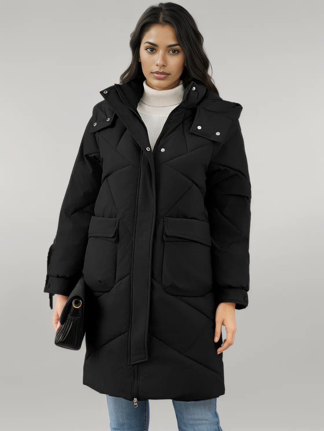 Long Sleeve Longline Hooded Winter Coat with Pockets