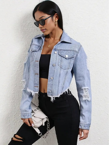 Distressed Raw Hem Button Up Denim Jacket