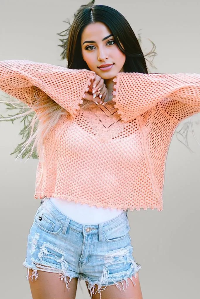 Openwork Round Neck Long Sleeve Knit Top