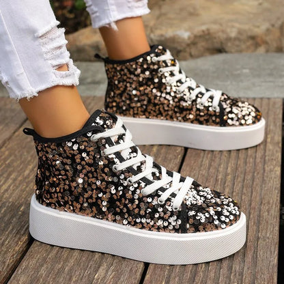 Sequin Round Toe Platform Sneakers Gold
