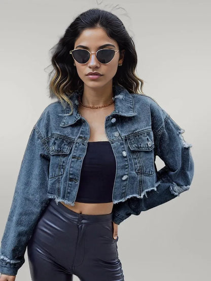 Distressed Raw Hem Cropped Denim Jacket Medium