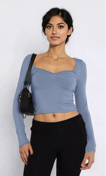 Long Sleeve Sweetheart Neck Crop T-Shirt