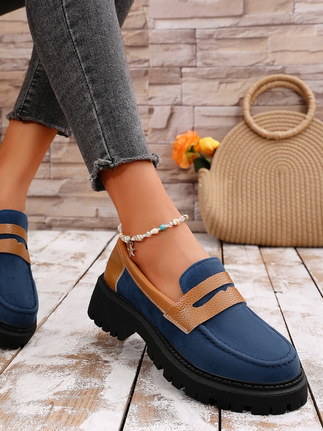 Contrast Suede Platform Loafers Blue